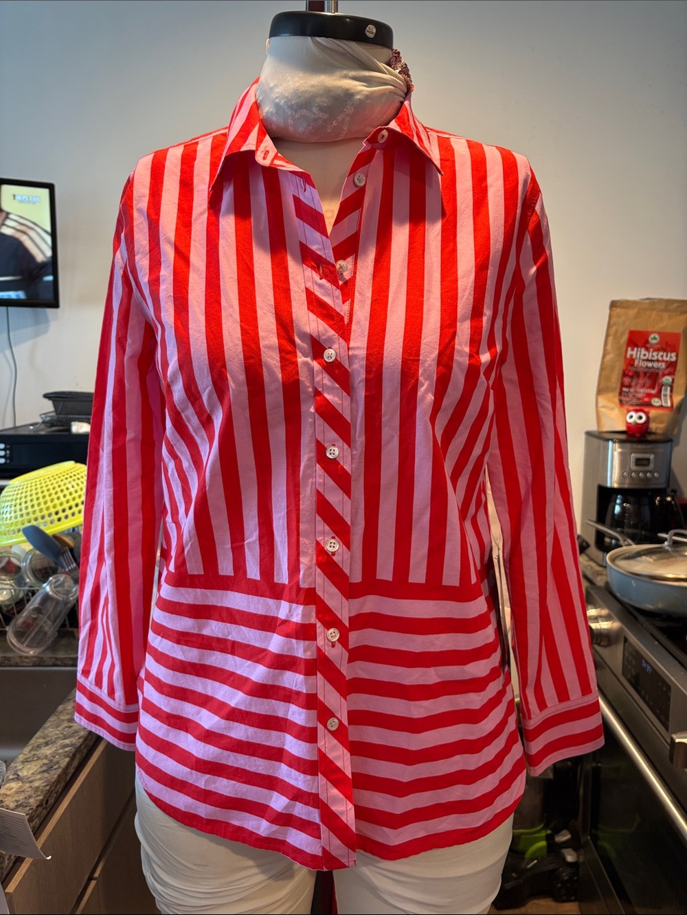 Talbots Red and Pink Striped Button-Down Shirt